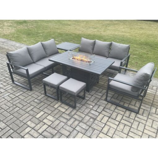 Fimous Aluminium 7 Pieces Garden Furniture Sofa Set with Cushions 9 Seater Gas Fire Pit Dining Table Set with Side Table 2 Small Footstools Dark Grey