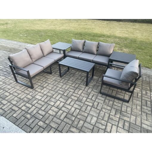 Fimous Aluminium 7 Seater Garden Furniture Outdoor Patio Sofa Set with Rectangular Coffee Table Armchair 2 Side Tables Dark Grey