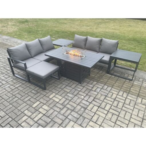 Fimous - Aluminium 7 Seater Outdoor Garden Furniture Lounge Sofa Set Gas Fire Pit Dining Table with Big Footstool 2 Side Tables Dark Grey