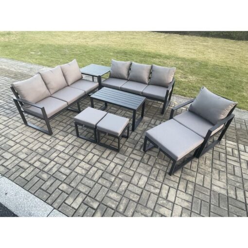 Fimous Aluminium 8 Pieces Garden Furniture Set with Cushions 10 Seater Outdoor Patio Lounge Sofa Set with Armchair 3 Footstools Side Table Dark Grey