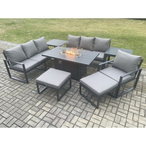 Fimous Aluminium 8 Pieces Garden Furniture Sofa Set with Cushions 9 Seater Gas Fire Pit Dining Table Set with 2 Side Tables 2 Big Footstools Dark Grey