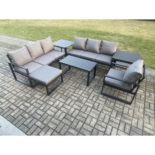 Fimous Aluminium 8 Seater Garden Furniture Outdoor Patio Sofa Set with Rectangular Coffee Table Armchair Big Footstool 2 Side Tables Dark Grey