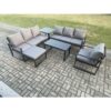 Fimous Aluminium 8 Seater Garden Furniture Outdoor Patio Sofa Set with Rectangular Coffee Table Armchair Big Footstool Side Table Dark Grey