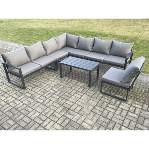 Fimous - Aluminium 8 Seater Patio Outdoor Garden Furniture Lounge Corner Sofa Set with Oblong Coffee Table Dark Grey