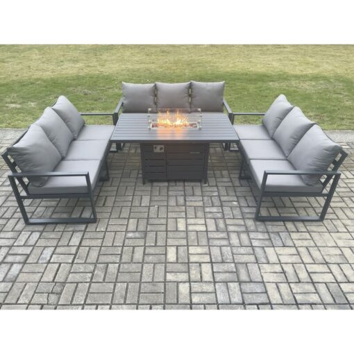 Fimous - Aluminium 9 Seater Garden Furniture Outdoor Set Patio Lounge Sofa Gas Fire Pit Dining Table Set Dark Grey