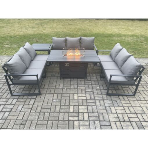 Fimous - Aluminium 9 Seater Garden Furniture Outdoor Set Patio Lounge Sofa Gas Fire Pit Dining Table Set with Side Table Dark Grey