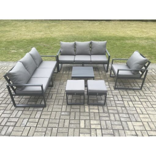 Fimous Aluminium 9 Seater Outdoor Garden Furniture Lounge Sofa Set with Square Coffee Table Chair 2 Small Footstools Dark Grey