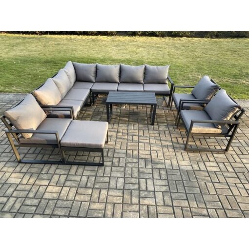 Fimous Aluminium Garden Furniture Set Outdoor Indoor Lounge Corner Sofa 3 Pcs Chair Oblong Coffee Table Sets with Big Footstool Dark Grey