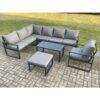 Fimous Aluminium Garden Furniture Set Outdoor Indoor Lounge Corner Sofa Chair Oblong Coffee Table Sets with Big Footstool Dark Grey