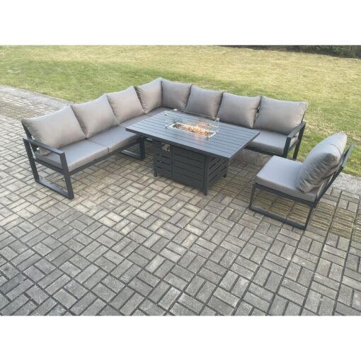 Fimous Aluminium Lounge Corner Sofa Outdoor Garden Furniture Sets Gas Fire Pit Dining Table Set Dark Grey