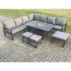 Fimous - Aluminium Lounge Corner Sofa Outdoor Garden Furniture Sets Gas Fire Pit Dining Table Set with 3 Footstools Dark Grey