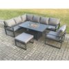 Fimous - Aluminium Outdoor Garden Furniture Corner Sofa Gas Fire Pit Dining Table Sets Gas Heater Burner with Chair Big Footstool Dark Grey 8 Seater