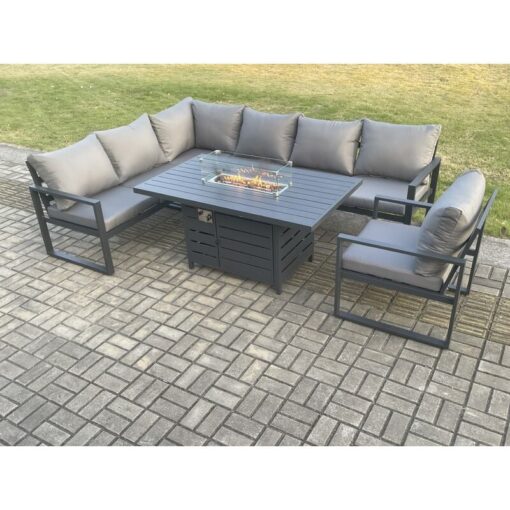 Fimous Aluminium Outdoor Garden Furniture Corner Sofa Gas Fire Pit Dining Table Sets Gas Heater Burner with Chair Dark Grey 7 Seater