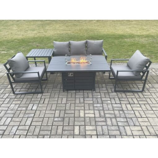 Fimous - Aluminium Outdoor Garden Furniture Set Gas Fire Pit Dining Table Set Gas Heater Burner with 2 Arm Chair Side Table Dark Grey 5 Seater