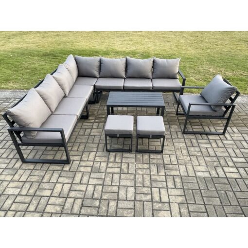 Fimous - Aluminium Outdoor Garden Furniture Set Lounge Corner Sofa Chair Oblong Coffee Table Sets with 2 Small Footstools Dark Grey