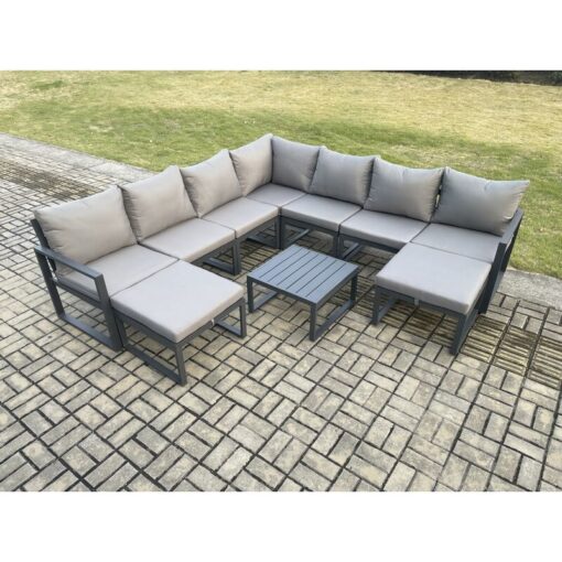 Fimous - Aluminium Outdoor Garden Furniture Set Lounge Corner Sofa Square Coffee Table Sets with 2 Big Footstools Dark Grey