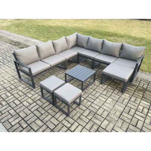 Fimous - Aluminium Outdoor Garden Furniture Set Lounge Corner Sofa Square Coffee Table Sets with 3 Footstools Dark Grey