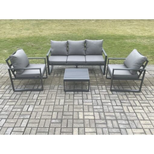 Fimous Aluminium Outdoor Garden Furniture Set Lounge Sofa 2 PC Chairs Square Coffee Table Sets Dark Grey