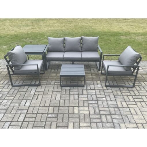 Fimous Aluminium Outdoor Garden Furniture Set Lounge Sofa 2 PC Chairs Square Coffee Table Sets with Side Table Dark Grey