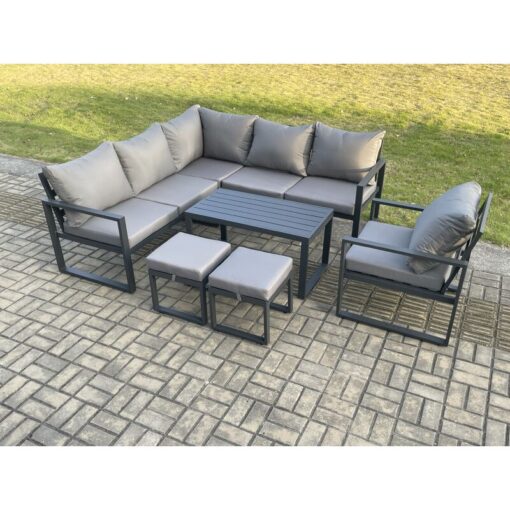 Fimous Aluminium Outdoor Garden Furniture Set Lounge Sofa Oblong Coffee Table Sets with Chair 2 Small Footstools Indoor Conservatory Set Dark Grey