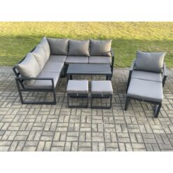 Fimous Aluminium Outdoor Garden Furniture Set Lounge Sofa Oblong Coffee Table Sets with Chair 3 Footstools Indoor Conservatory Set Dark Grey