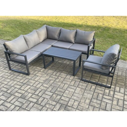 Fimous Aluminium Outdoor Garden Furniture Set Lounge Sofa Oblong Coffee Table Sets with Chair Indoor Conservatory Set Dark Grey