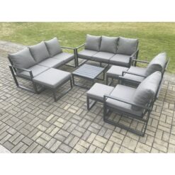 Fimous - Aluminium Outdoor Garden Furniture Set Patio Lounge Sofa with Square Coffee Table 2 Armchairs 3 Footstools Dark Grey