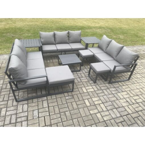 Fimous Aluminium Outdoor Garden Furniture Set Patio Lounge Sofa with Square Coffee Table 2 Side Tables 3 Footstools Conservatory Set Dark Grey