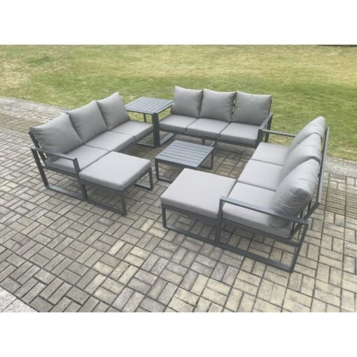 Fimous Aluminium Outdoor Garden Furniture Set Patio Lounge Sofa with Square Coffee Table Side Table 2 Big Footstools Conservatory Set Dark Grey