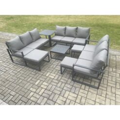 Fimous Aluminium Outdoor Garden Furniture Set Patio Lounge Sofa with Square Coffee Table Side Table 3 Footstools Conservatory Set Dark Grey