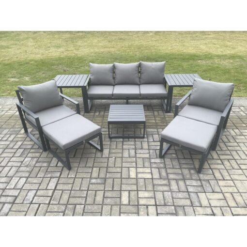 Fimous Aluminium Outdoor Lounge Sofa Set Garden Furniture Sets with Square Coffee Table 2 Chairs 2 Big Footstools 2 Side Tables Dark Grey 7 Seater