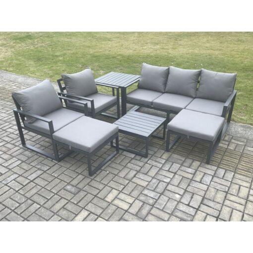 Fimous Aluminium Outdoor Lounge Sofa Set Garden Furniture Sets with Square Coffee Table 2 Chairs 2 Big Footstools Side Table Dark Grey 7 Seater