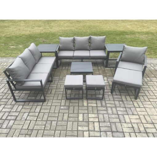 Fimous Aluminium Outdoor Lounge Sofa Set Garden Furniture Sets with Square Coffee Table Chair 3 Footstools 2 Side Tables Dark Grey