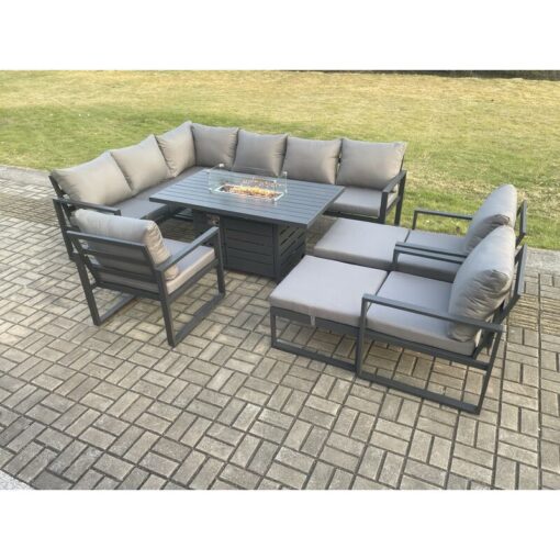 Fimous - Aluminium Patio Outdoor Garden Furniture Corner Sofa Set Gas Fire Pit Dining Table with 3 Chairs 2 Big Footstools Dark Grey