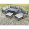 Fimous - Aluminium Patio Outdoor Garden Furniture Corner Sofa Set Gas Fire Pit Dining Table with Chair 2 Big Footstools Dark Grey