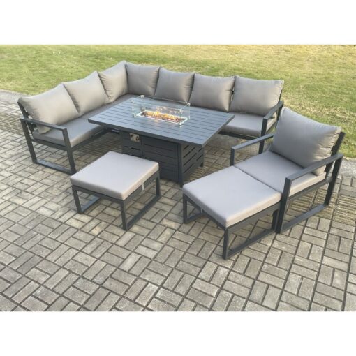 Fimous - Aluminium Patio Outdoor Garden Furniture Corner Sofa Set Gas Fire Pit Dining Table with Chair 2 Big Footstools Dark Grey