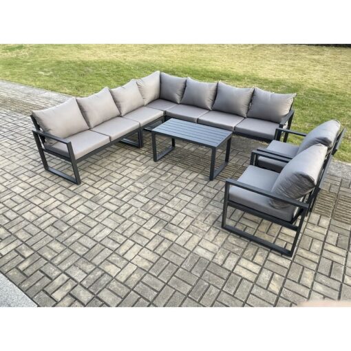 Fimous - Aluminium Patio Outdoor Garden Furniture Lounge Corner Sofa Set with Oblong Coffee Table 2 Chairs Dark Grey