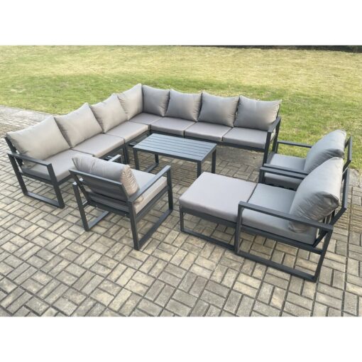 Fimous - Aluminium Patio Outdoor Garden Furniture Lounge Corner Sofa Set with Oblong Coffee Table Big Footstool 3 Chair Dark Grey