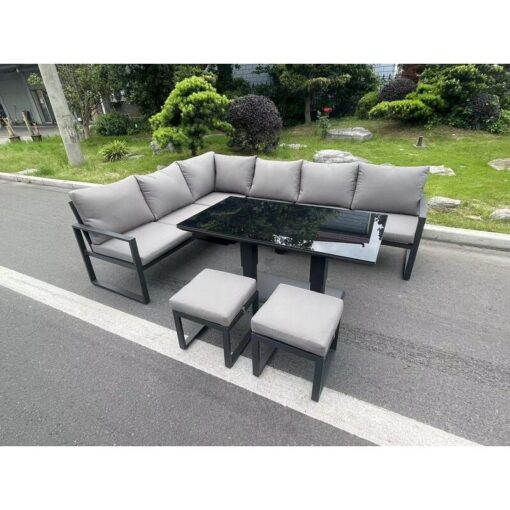 Fimous - Aluminum Outdoor Garden Furniture Corner Sofa Adjustable Rising Lifting Table Sets Dark Grey Black Tempered Glass 8 Seater