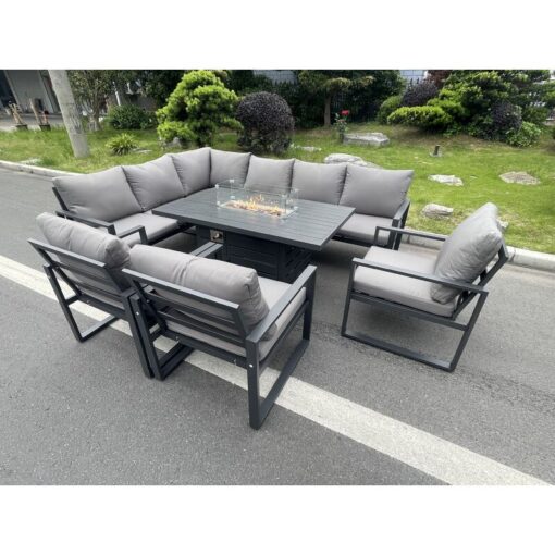 Fimous Aluminum Outdoor Garden Furniture Set Corner Sofa 3 PC Chairs Gas Fire Pit Dining Table Set Gas Heater Burner Dark Grey 8 Seater