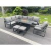 Fimous Aluminum Outdoor Garden Furniture Set Corner Sofa Chair Gas Fire Pit Dining Table Set 2 PC Stools Gas Heater Burner Dark Grey 9 Seater