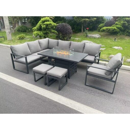 Fimous Aluminum Outdoor Garden Furniture Set Corner Sofa Chair Gas Fire Pit Dining Table Set 2 PC Stools Gas Heater Burner Dark Grey 9 Seater