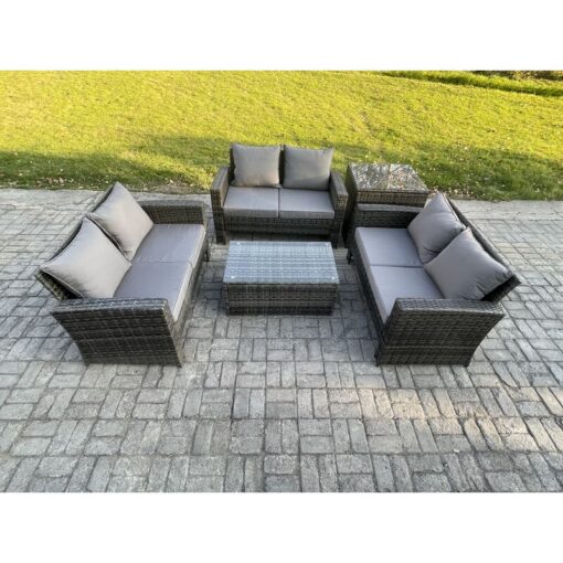 Fimous - Dark Grey 6 Seater Outdoor Rattan Garden Furniture Set Patio Love Sofa Rectangular Coffee Table Set with Side Table