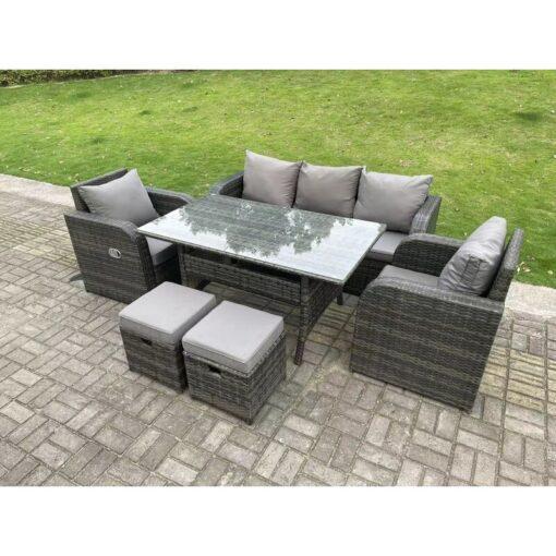 Fimous Dark Grey PE Wicker Rattan Garden Furniture Set 3 Seater Lounge Sofa Reclining Chair Outdoor Rectangular Dining Table With 2 Stools 7 Seater