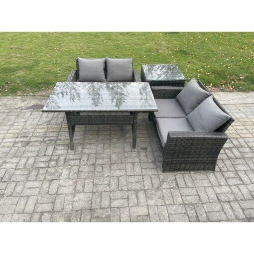 Fimous - Dark Grey pe Wicker Rattan Garden Furniture Set Love Sofa Outdoor Rectangular Dining Table Side Table