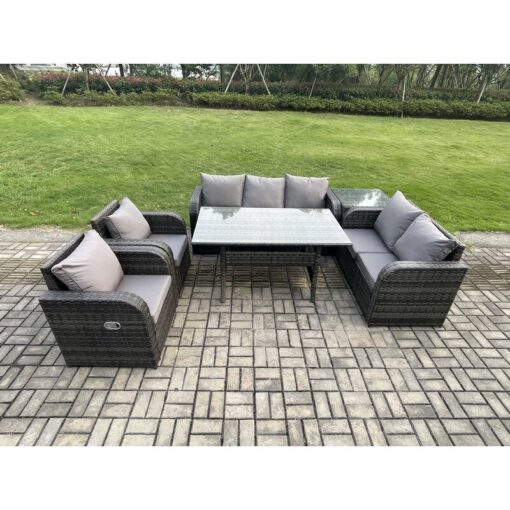 Fimous - Dark Grey pe Wicker Rattan Garden Furniture Set Reclining Chair Love Sofa 2 Seater Sofa Set Outdoor Rectangular Dining Table Side Table 7