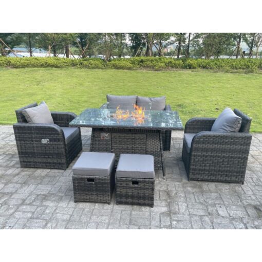 Fimous - Dark Mixed Grey Rattan Outdoor Garden Furniture Gas Fire Pit Table Sets Gas Heater Love Seat 2 Seater Sofa Recling Adjustable Chairs