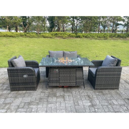 Fimous - Dark Mixed Grey Rattan Outdoor Garden Furniture Gas Fire Pit Table Sets Gas Heater Love Sofa Reclining Adjustable Chairs 4 Seater