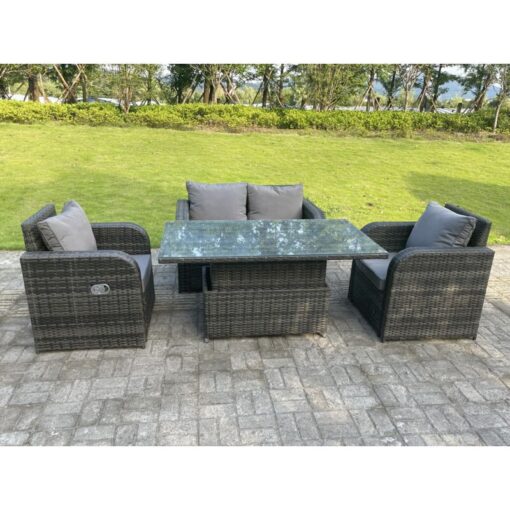 Fimous - Dark Mixed Grey Rattan Outdoor Garden Furniture Lifting Adjustable Dining Or Coffee Table Sets Love Sofa Reclining Chairs 4 Seater