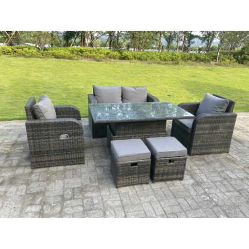 Fimous - Dark Mixed Grey Rattan Outdoor Garden Furniture Lifting Adjustable Dining Or Coffee Table Sets Love Sofa Reclining Chairs Footstools 6 Seater